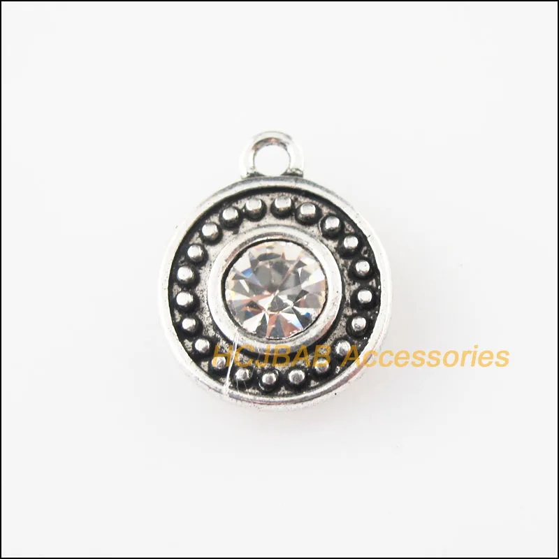 

5Pcs Tibetan Silver Tone Clear Crystal Round Charms Pendants 13.5x17mm