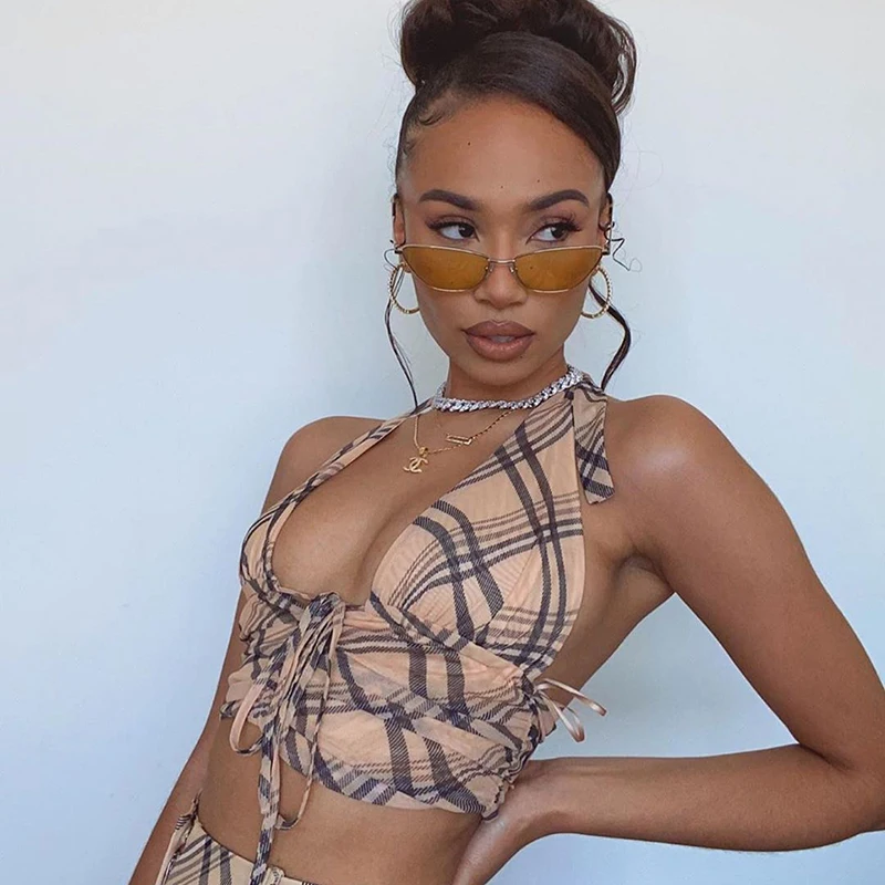 Plaid Print Lace Up Sexy Halter Y2K Crop Top Women Cute Vintage V Neck Bustier Club Party Bikini Streetwear E-girl Cami Iamhotty