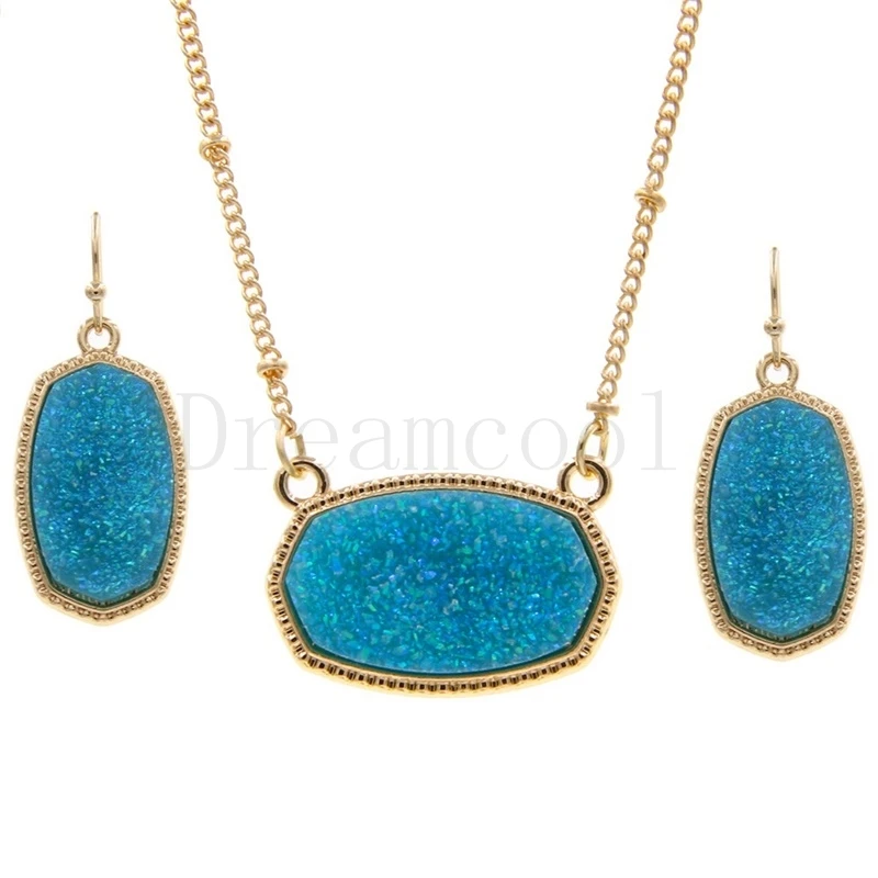 Овальная Смола Друза Drusy кулон ожерелье серьги комплект ювелирных изделий