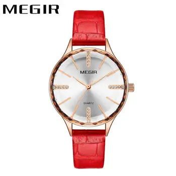 

MEGIR Elegant Dress Women Watches Top Brand Luxury Quartz Ladies Watch Crystal Simple Dial Red Leather Strap Clock Waterproof