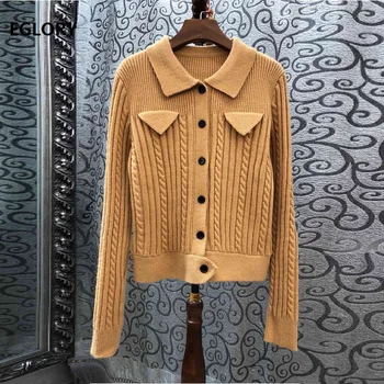 

2019 Autumn Fashion Cardigan Jackets High Quality Women Turn-down Collar Long Sleeve Casual Knitted Sweater Cardigans Ladies