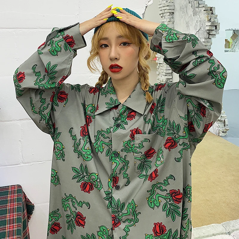 

2019 New Autumn Shirts for Women Harajuku Rose Shirts Loose Long Sleeve Shirts Oversize Shirts Vintage Printed Shirts Female