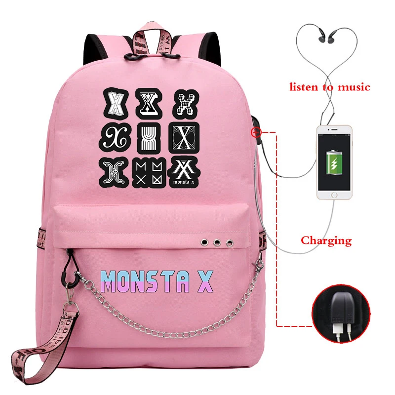 Mochila Bookbag MONSTA X Рюкзак Kpop школьные сумки для девочек подростков женский рюкзак Usb