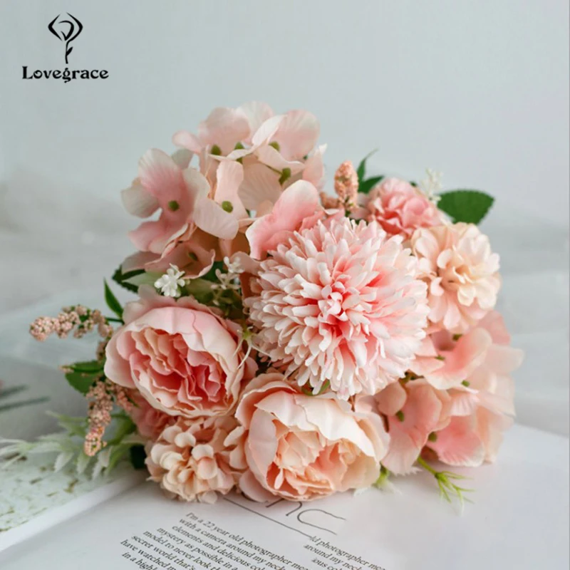 peony-pink Lovegrace Свадебный букет искусственного шелка розовый цветок пиона букет невесты розовая Гортензия помпон бутон ваниль шип Свадебные Поставки - Цвет: peony-pink