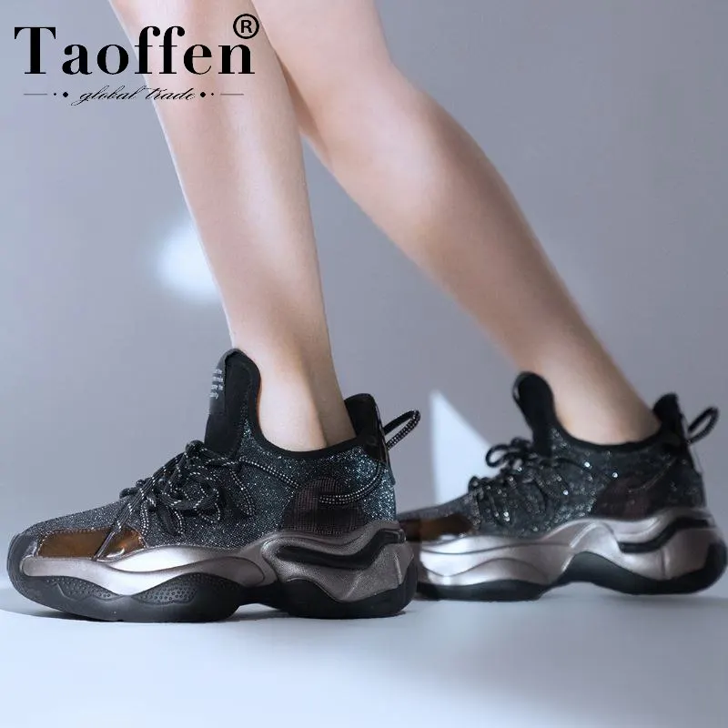 Taoffen/женские модные кроссовки из натуральной кожи; повседневная обувь черного цвета на толстой подошве; Женская Удобная Повседневная Уличная обувь; Размеры 35-40