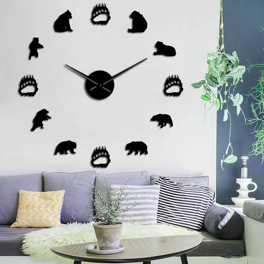 

Forest Bears Family Silhouette Wall Art Acrylic Stickers Silent Movement Wall Clock Wildlife Nursery Decor Frameless Wall Watch