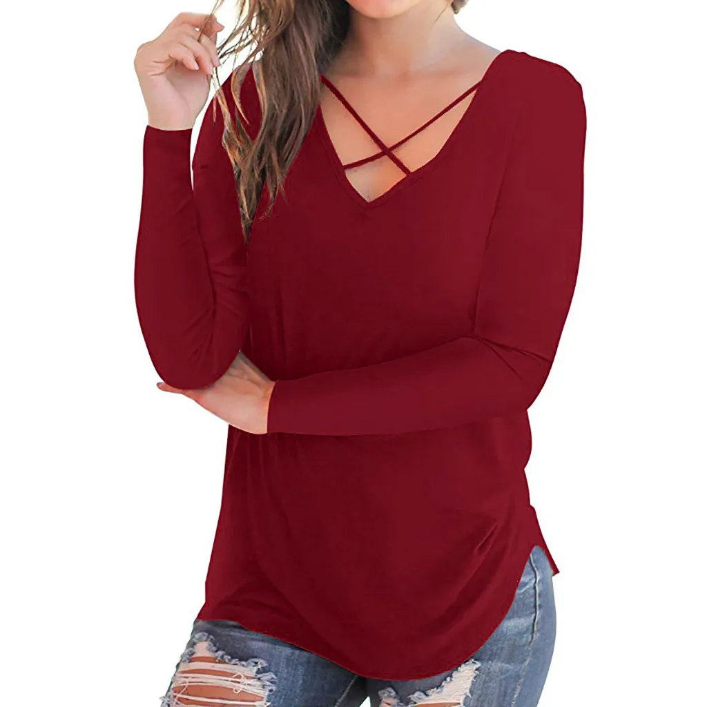Модная однотонная Базовая блуза с перекрещенными лямками, повседневные зимние женские топы свободного кроя, женская рубашка с длинными рукавами, Blusas пуловер