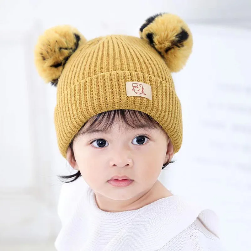 Yellow Children's double ball wool hat autumn winter boy and girl baby headgear Children's cartoon thick double layer warm hat beanies - Color: Yellow