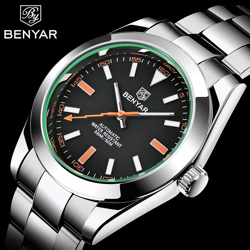 Automatic Watches BENYAR Luxury Brand Mechanical Stainless-Steel Waterproof Clock Top