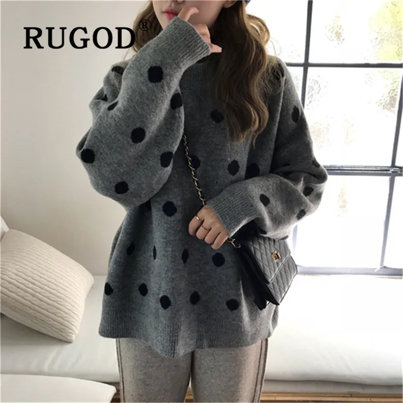 RUGOD, Модный милый женский свитер с круглым вырезом, в горошек, большие размеры, пуловеры, корейский стиль, элегантный повседневный трикотаж, Новые Осенние Теплые Топы