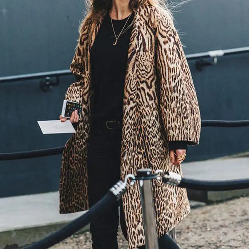 

Woman Leopard Coat 2019 Autumn Warm Overcoat Oversize Long Trench Coat Windproof Outerwear Chic Winter Warm Wool Coat Femme