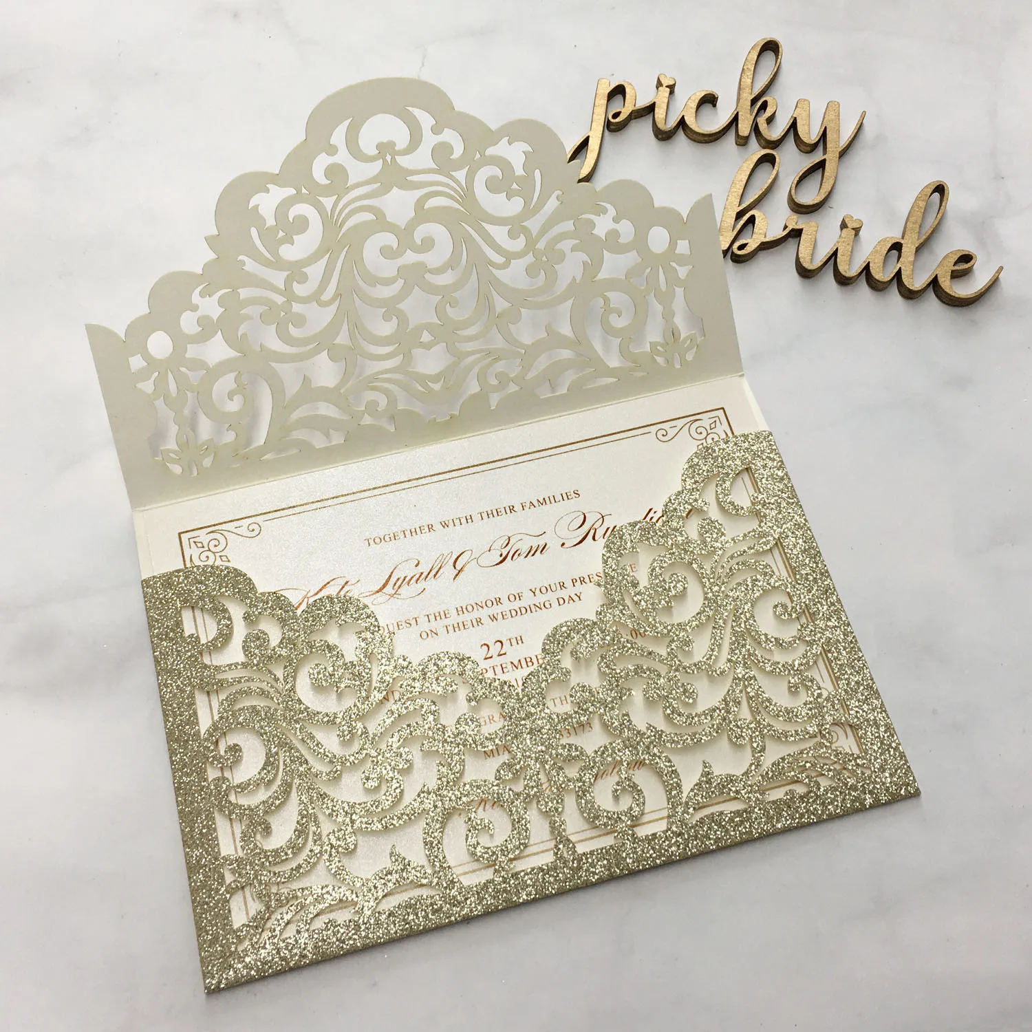 

Picky Bride Glitter Gold Wedding Invitations Luxury Invitation Cards With Envelope - Set of 50 pcs