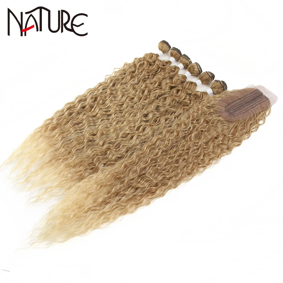 Nature Hair Afro Kinky Curly Hair Bundles Extensions With Closure Ombre Golden 30inch Soft Super Long Hair Synthetic Wave Hair