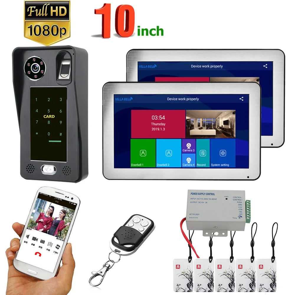 10 inch 2 Monitors Wifi Wireless Fingerprint IC Card Video Door Phone Doorbell Intercom System with Wired AHD 1080P Door Acc