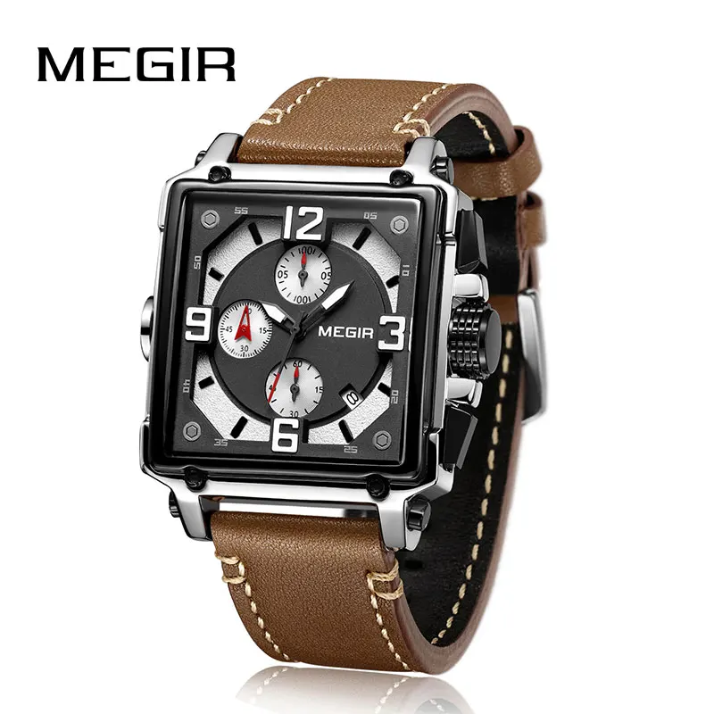 

Megir Men's Chronograph Analog Quartz Watch with Date Luminous Hands Waterproof Leather Strap Square Wristswatch Gifts for Male