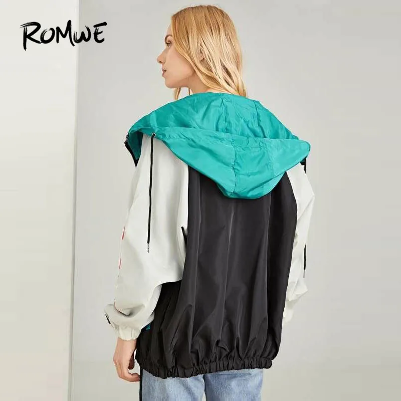 Romwe, спортивные куртки с буквенным принтом, цветные, с капюшоном, для тренировок, для женщин, на молнии, с длинным рукавом, пальто и куртки, осень, для фитнеса, ветровка