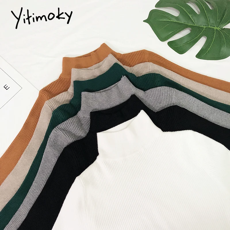 womens sweaters 2020 winter knitted Solid half turtleneck shirt long sleeve Short Korean Slim-fit tight sweater soft korean top | Женская