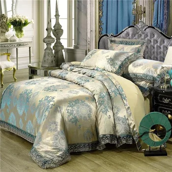 

Quality Bedding Set 4Pcs Coverings Luxury Wide Side Duvet Cover Wedding Sets Satin Jacquard Line Comforters For Queen Size Bed