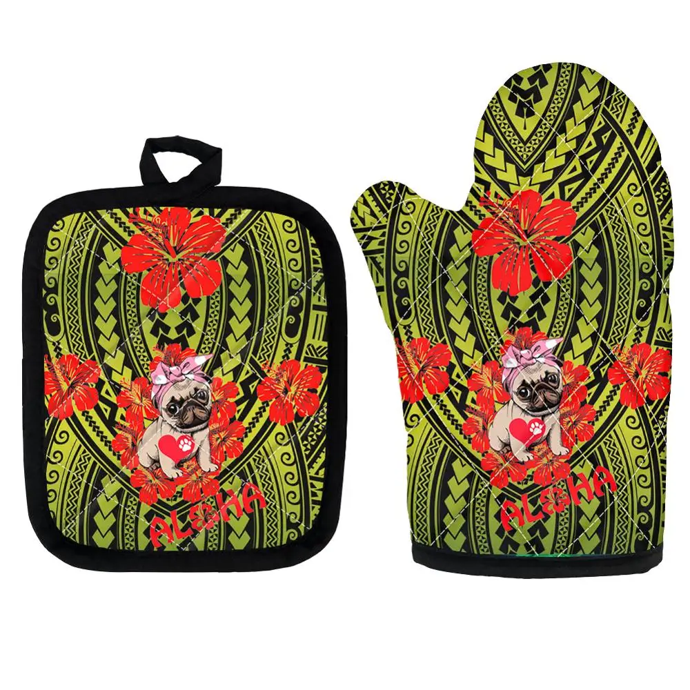 

Insulation Pads Microwave Oven Mitts Tropical Hibiscus Flower Hawaii Pug Dog Print Kitchen Microwave Gloves Potholders Cooking
