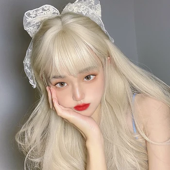 

MEIFAN Cosplay Lolita Wig With Bangs High Temperature Synthetic Female Big Wave Long Curly Hair Light Gold Headgear Daily Wig