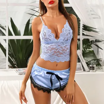 

sexy sleepwear lingerie пижама женская топ носки Women pajamas sleep tops Floral Wireless Lace Bra With BowknotSatin Shorts set