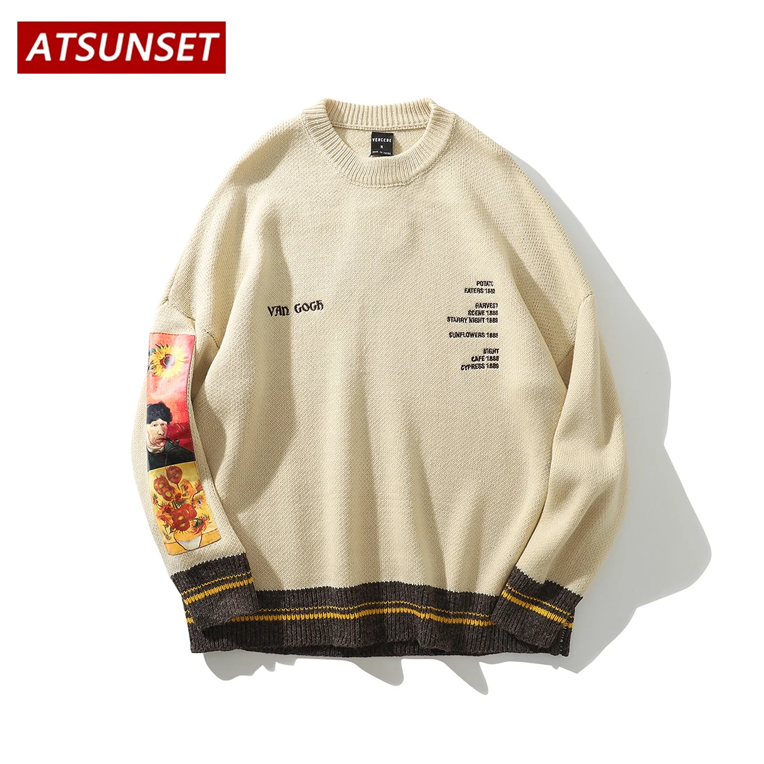 ATSUNSET Art Painter Van Gogh Sweater Men Hip Hop Streetwear Vintage Style Harajuku Sweater  Pullover Summer Black Top
