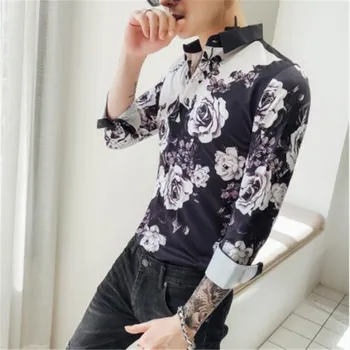 

Rose Flower Shirt Men 2018 Autumn Long Sleeve Korean Men Clothes Mens Casual Shirts Slim Fit Wedding Party Club Prom Shirt Men