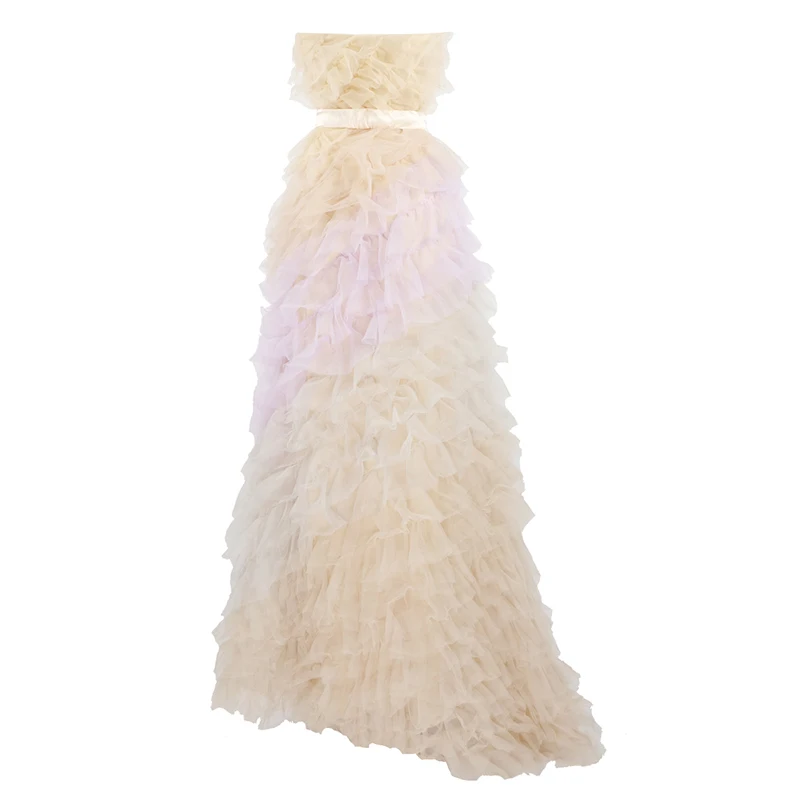 Summer Hot New Trendy Sexy Strapless Sleeveless Elegant Gradient Cascading Ruffles Celebrity Party Long Mesh Dress