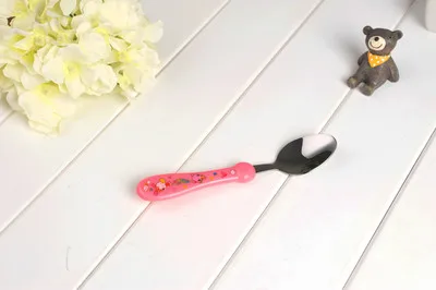 Pink Spoon Детская мультяшная ложка, портативная для кормления, посуда из нержавеющей стали, ложка+ вилка, детская антиобжигающая ручка, обучающая посуда - Цвет: Pink Spoon