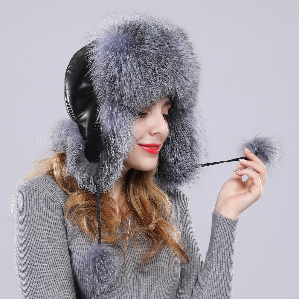 Women real fox fur hat genuine sheepskin leather caps winter warm Ears Fashion Bomber Cap belt new arrival