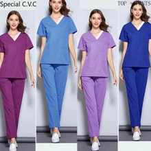 Женский набор из чистого хлопка, медицинская форма, цветной дизайн, v-образный вырез, топ с коротким рукавом+ эластичная талия, штаны на завязках