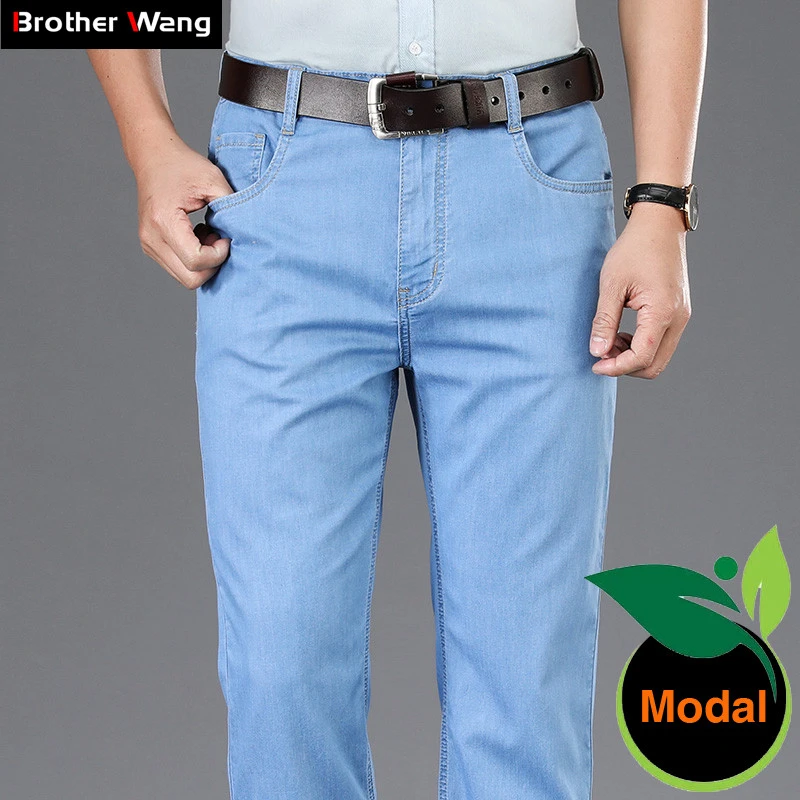 Pantalones vaqueros finos para hombre, tela Modal de alta calidad, de marca, color azul claro, de verano, gris oscuro|Pantalones vaqueros| -