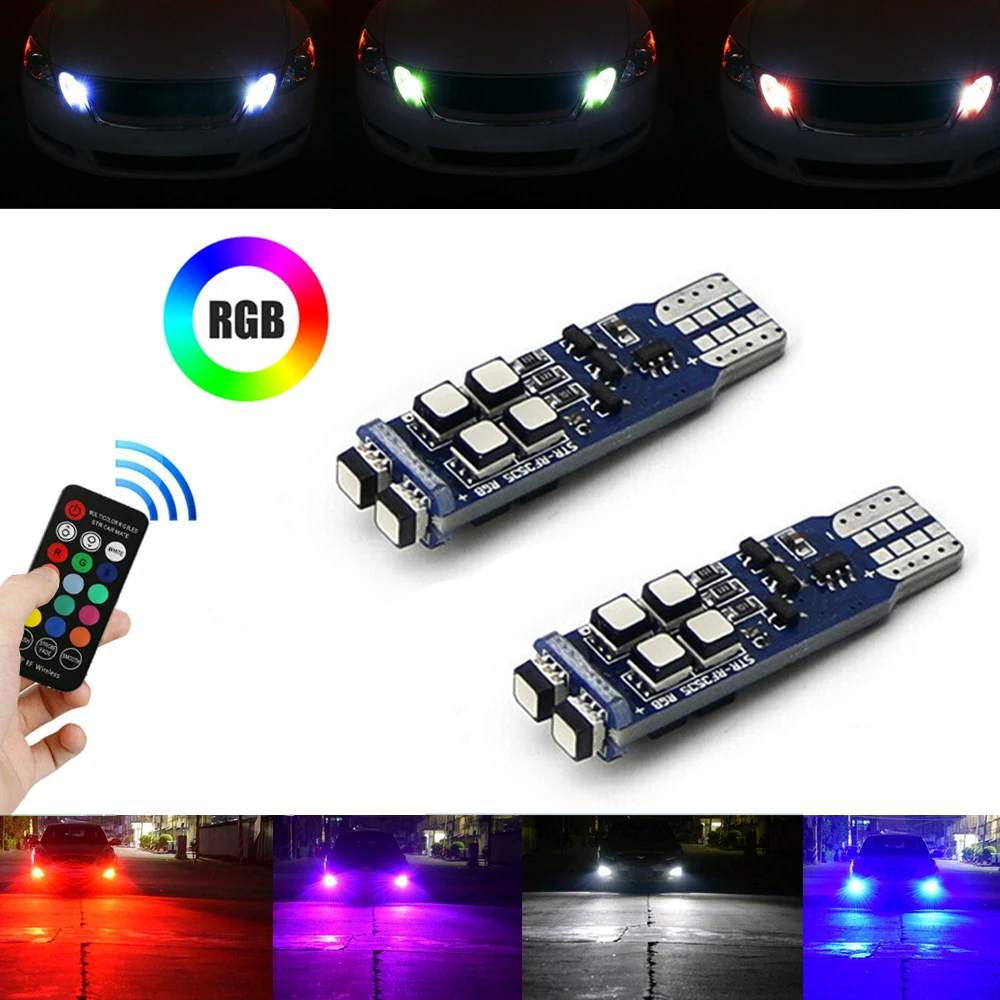 

2pcs Multi-Color RGB Car T10 168 194 LED Bulbs With RF Remote Control For Car Parking Lights Auto Accessories Car Styling