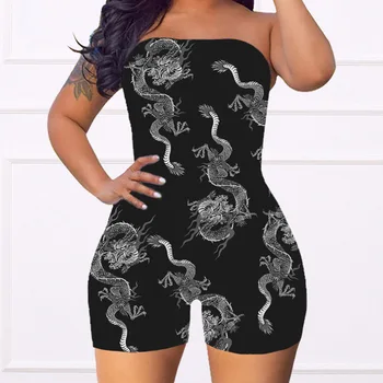 

2020 Hot Dragon Printed Casual Tube Top Shorts Playsuit Streetwear Women Summer Sexy Jumpsuit Bodycon Rompers Female Skinny Top