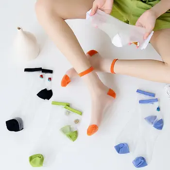 

Korean Women Summer Crystal Fiber Ankle Socks Cute Avocado Fruit Jacquard Transparent Ultra-Thin Mid Tube Hosiery