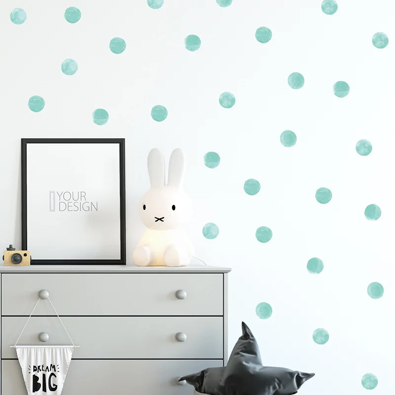 Watercolor Blue Green Polka Dots Wall Stickers Circles Hand Drawn Decals for Kids Room Baby Nursery Home Decoration PVC | Дом и сад