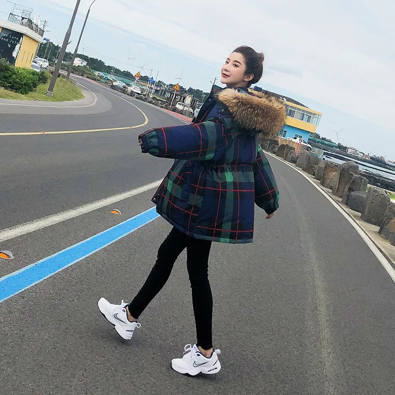 Large Fur Collar Cotton-padded Clothes Women's New Style Autumn And Winter Plaid Cotton-padded Jacket Slim Fit Students Sho