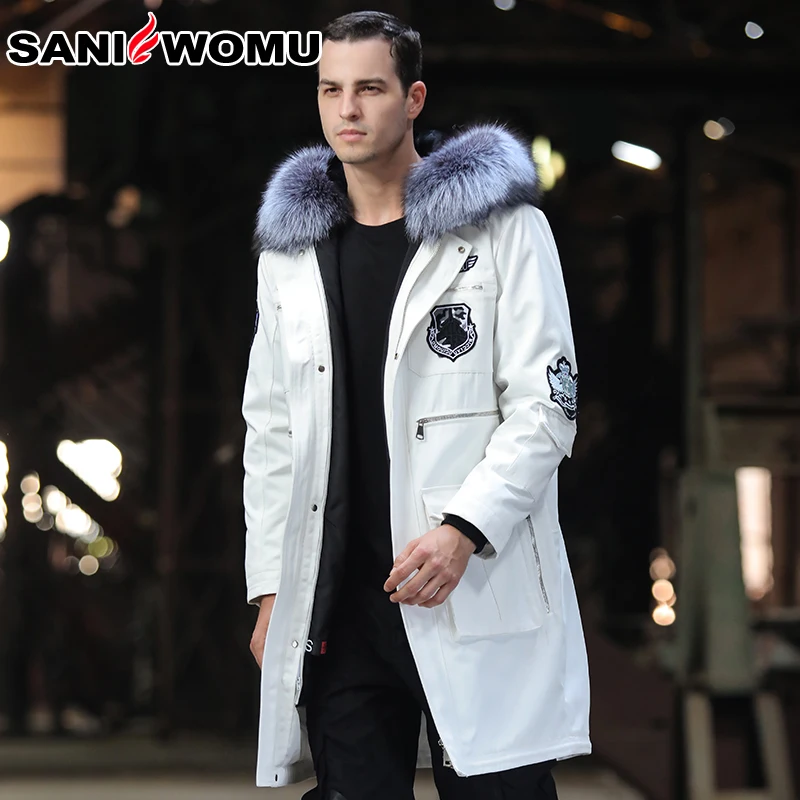 Men White Мужское длинное пальто, Осень-зима, теплое, утолщенное, с подкладкой из кроличьего меха, пальто, парки, мужская куртка, верхняя одежда, натуральный Лисий мех, воротник, новинка зимы - Цвет: Men White