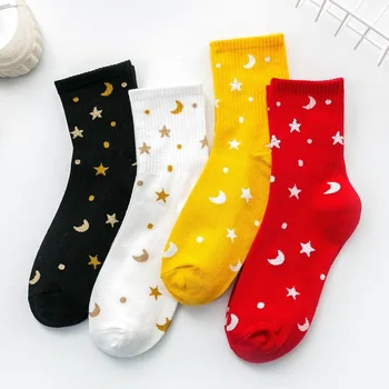 

Women Colorful Moon Star Patterned Cotton Socks Original Casual Joker For Ladies Youthful College Style Joker Sox Trendy