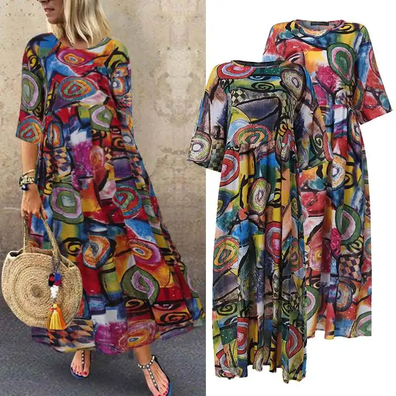 

Vintage Printed Maxi Dress Women's Summer Sundress ZANZEA 2020 Casual 3/4 Sleeve Tunic Vestidos Female Pleated Robe Plus Size
