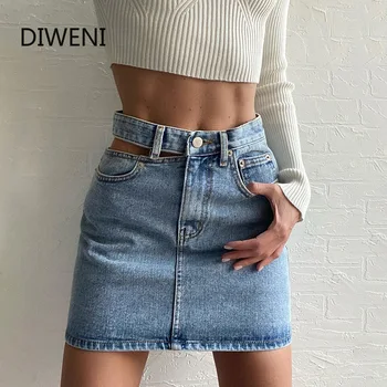 

DIWEINI Women Denim Fashion Skirts Cute Girl Hollow out High Waist 2020 Summer Mini Femme Slim Bottom Sweet Casual Streetwear