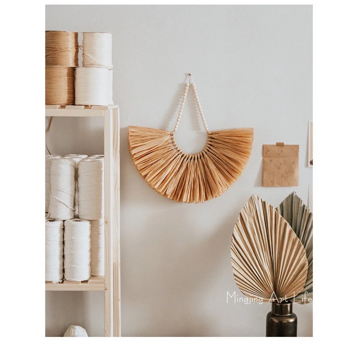 

Nordic Style Wall Decor Ins Vintage Handmade Wooden Beads Straw Half Round Hanging Ornament Home Wall Decoration Room Decoration