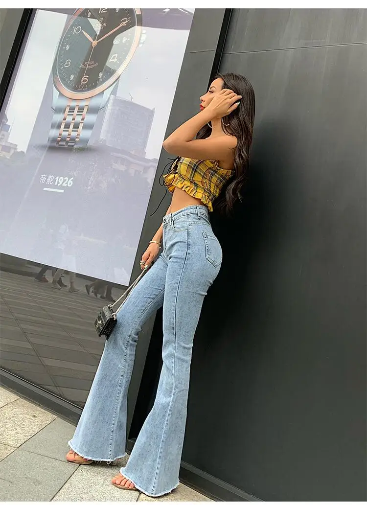 Women High Waist Flare Jeans Pants 