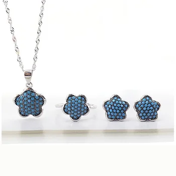 

2 sets S925 Silver Jewelry Set Fashion Creative New Turkish Blue Flower Turquoise Ring Necklace Ring Set Female Jewelry Wholesal