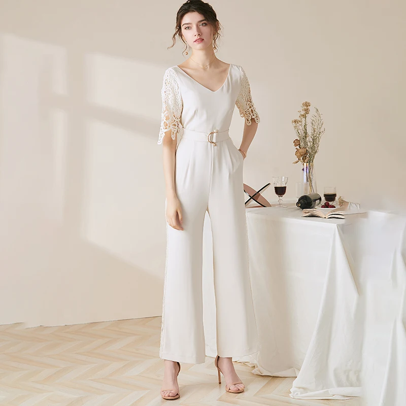 

Oforest Sexy women bodycon jumpsuit Short sleeve hollow out lace jumpsuit Office lady fashion pearl sash elegant jumpsuits 2020