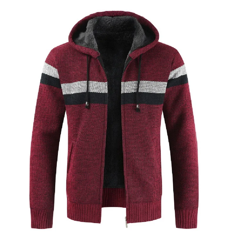 Мужской свитер, пальто, зима, толстый теплый кардиган с капюшоном, джемперы, мужские, в полоску, кашемир, шерсть, подкладка, молния, флисовое пальто для мужчин - Цвет: Red 1