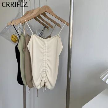 

Summer Pleated Lace Up Tank Top Women V Neck Camis Thin Sleeveless Vest Crop Top 2020 New CRRIFLZ