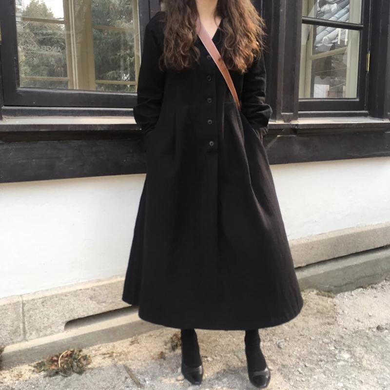 

SuperAen Korean Style Women Long Dress Cotton Solid Color Casual Ladies Dress V-neck Autumn New 2019 Women Clothing