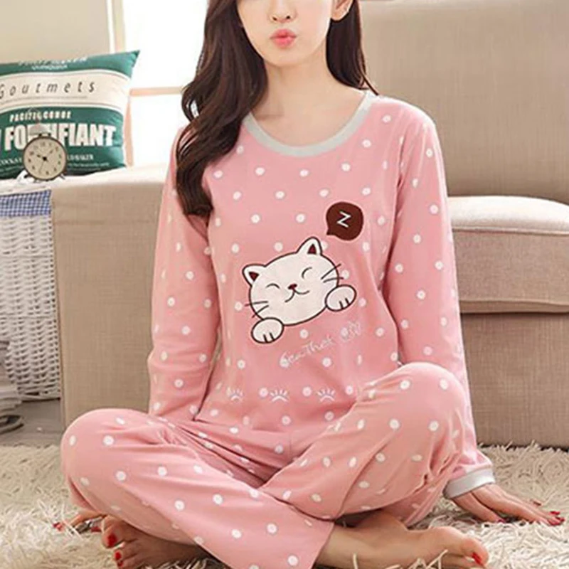 Women's Pajama Set Soft Long Sleeve Sleepwear with Cute Sleepy Cat