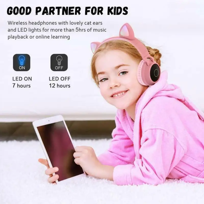 Cat Ear Baby Headphones Headset Wireless Bluetooth 5 0 Stereo Universal Ear Kids Gaming Flashing Glowing With Microphone